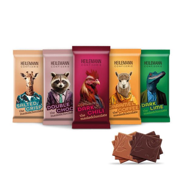 Heilemann Mixkarton der Schokoladentäfelchen in den Sorten: Dark Lime, Dark Chili, Double Choc Salted Crisp, Caramel Coffee mit Stückchen - #maskedchocolate