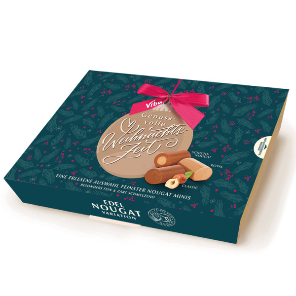 Viba Nougat Auswahl Festtagsgrüße gefüllt mit Nougat Variation bestehend aus Viba Classic Nougat, Viba Royal Nougat, Viba Schicht Nougat Mini